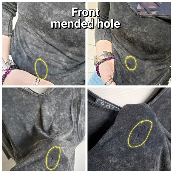 POL 3/4-sleeve Black Acid Wash Long Slinky Flowy Distressed V-neck Tunic - Picture 15 of 16